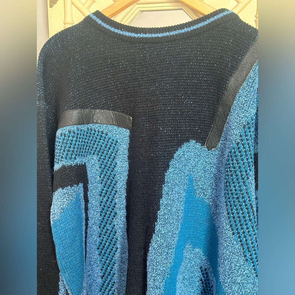Vintage Black and Blue Abstract Acrylic Crewneck Sweater with Leather accents - Picture 4 of 9